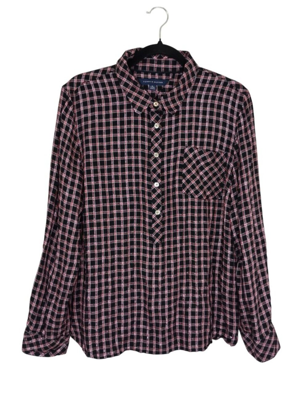 Tommy Hilfiger Womens Black & Red Plaid Long Sleeve Shirt With Pocket XL